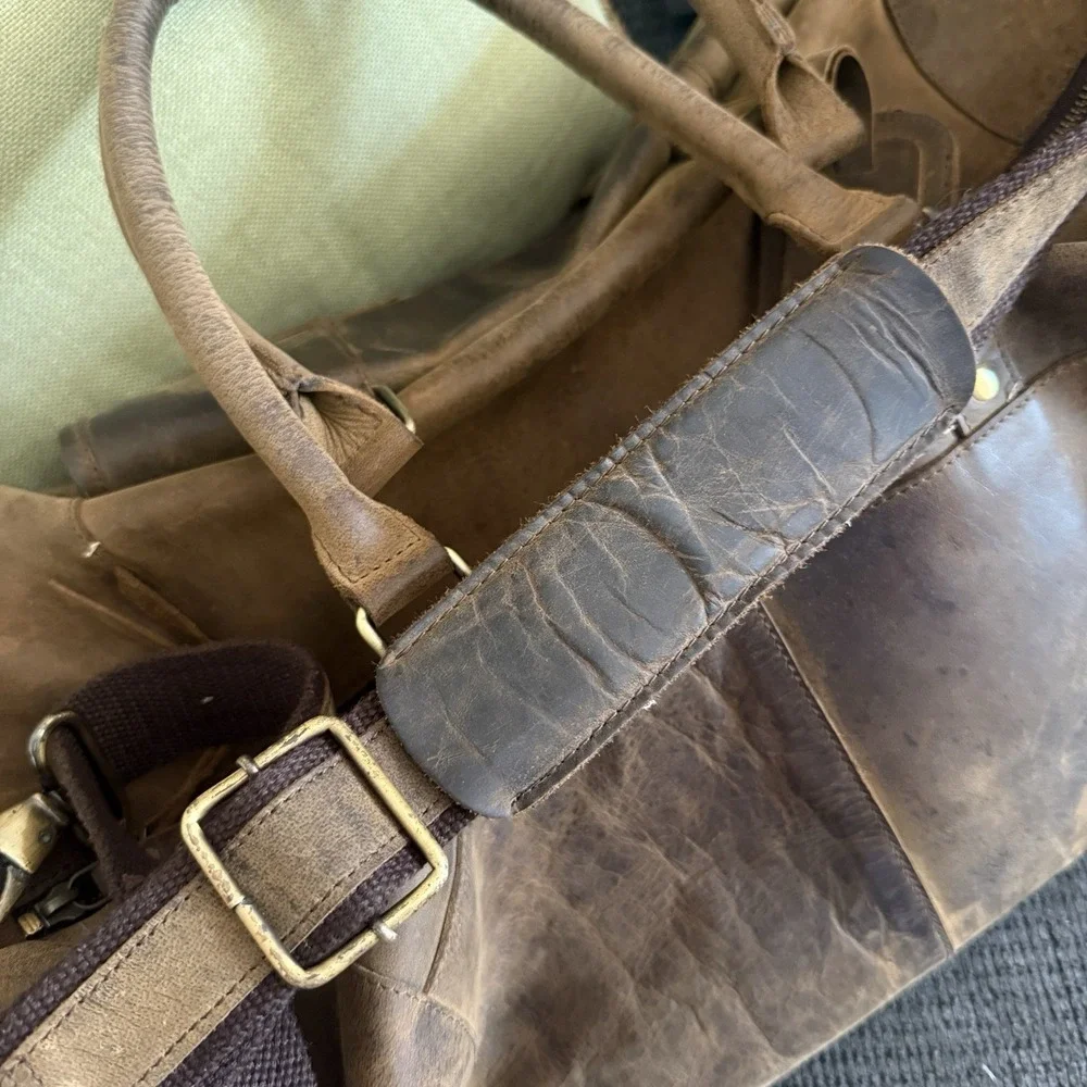 KomalC Distressed Brown Buffalo Leather Large Duffel Weekender Bag Shoe Comp